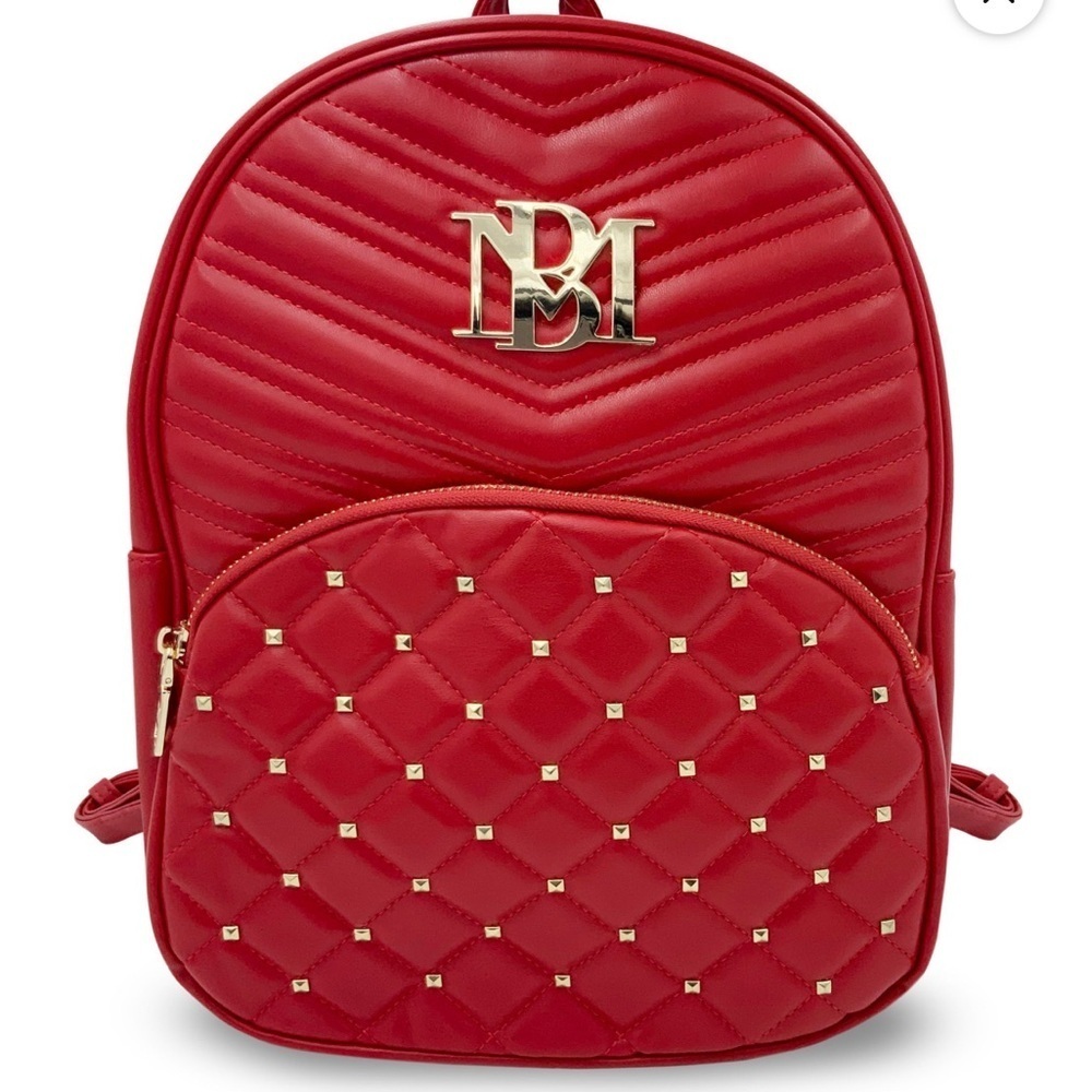 BADGLEY MISCHKA Red Studded Vegan Leather Backpack, Quilted, Gold Details OS NWT